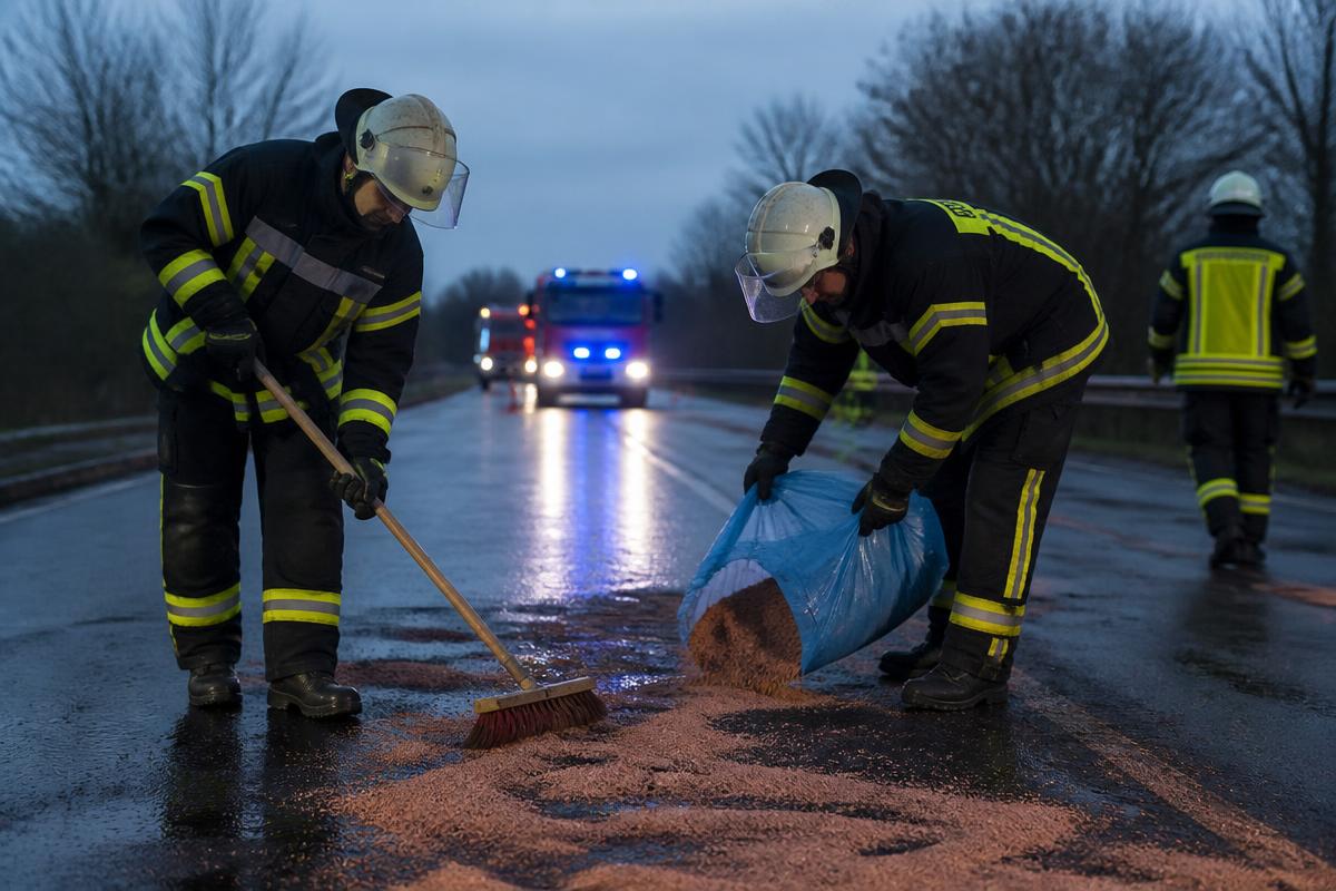 Feuerwehrkräfte beseitigen eine Ölspur auf nasser Straße bei Dämmerung