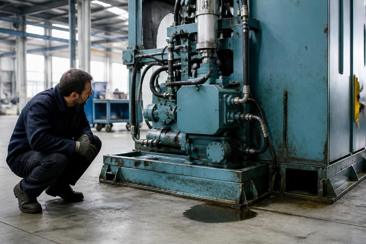 Instandhalter prüft eine Ölspur unter einer Maschine in einer Industriehalle